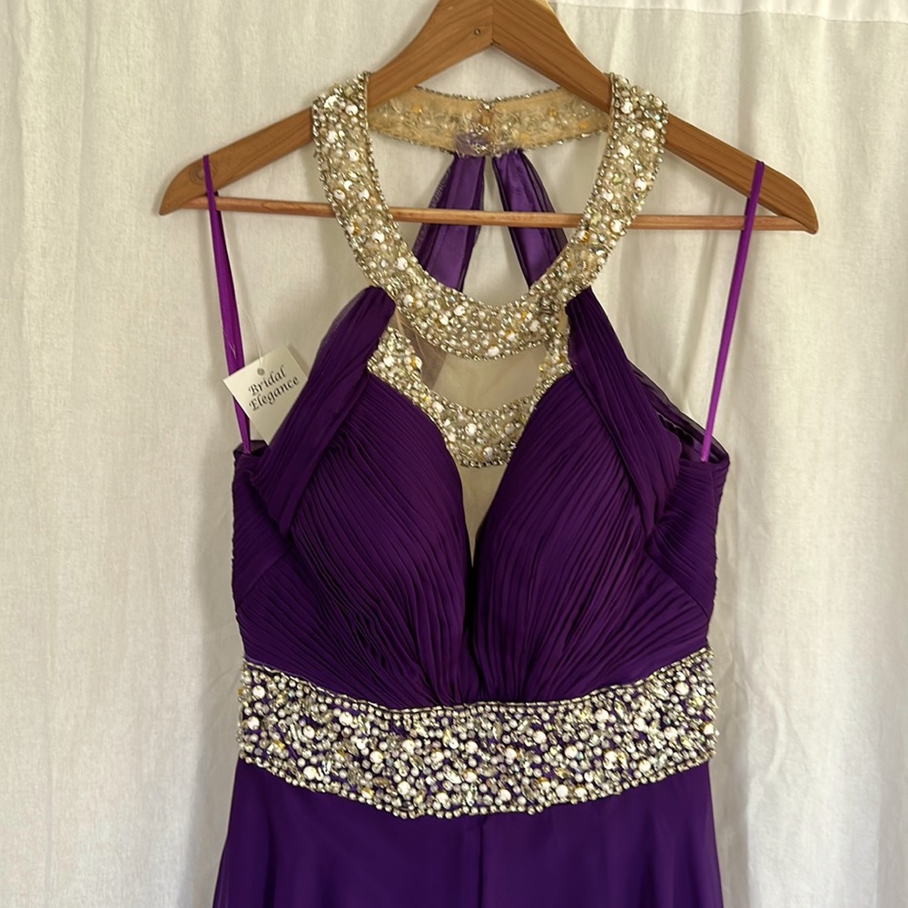 NWT MacDuggal Purple Halter chiffon gown with small train size 8 10.